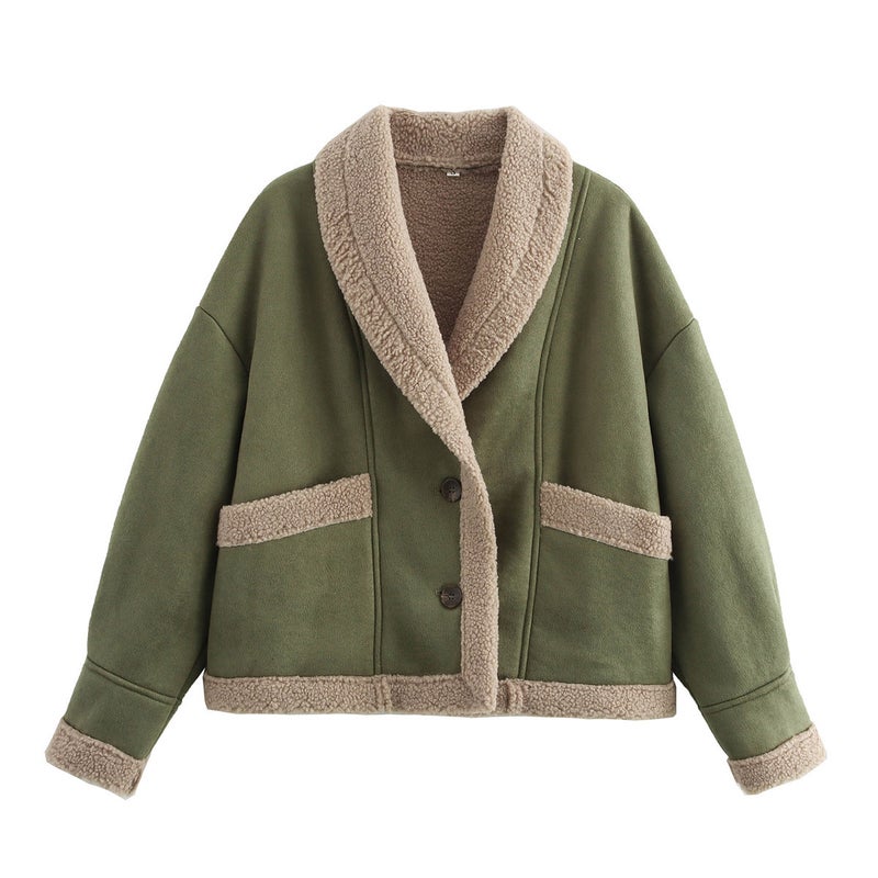 Cross-border womens clothing wholesale 2024 autumn and winter American retro woolen coat lapel loose fur coat women Green 