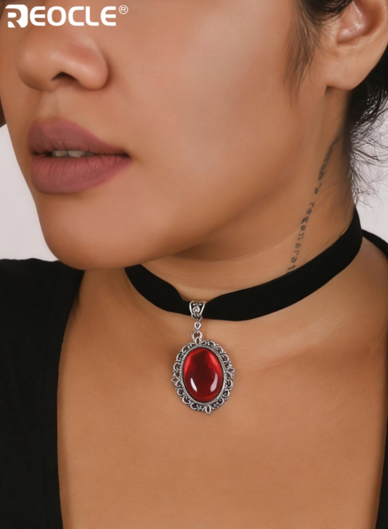 REOCLE Women's Vintage Ornate Pendant Choker Velvet Band with Intricate Framed Gem Accent for Gothic-Elegant Timeless Styling - Image 2