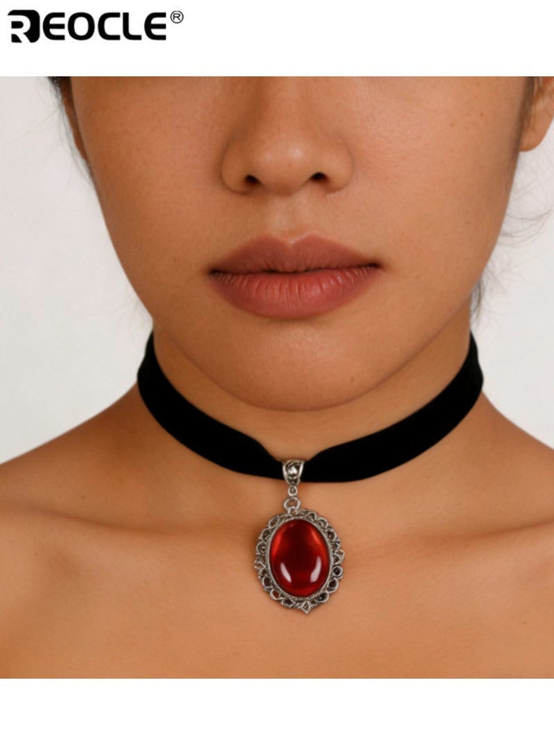 REOCLE Women's Vintage Ornate Pendant Choker Velvet Band with Intricate Framed Gem Accent for Gothic-Elegant Timeless Styling - Image 3