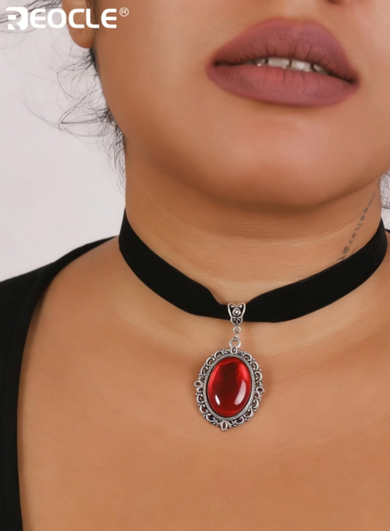 REOCLE Women's Vintage Ornate Pendant Choker Velvet Band with Intricate Framed Gem Accent for Gothic-Elegant Timeless Styling - Image 1
