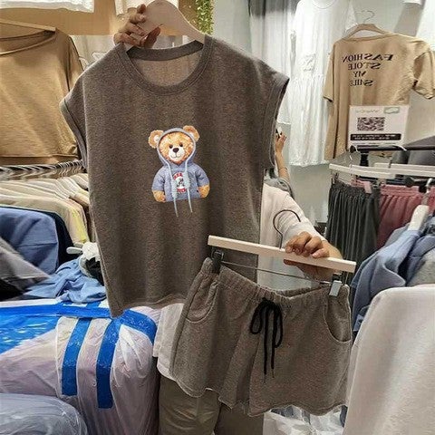 Summer 2024 Korean Casual T-Shirt Shorts Set Bear dark gray 