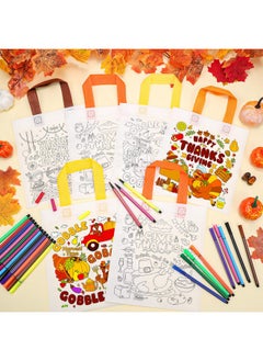HOWAF HOWAF 12pcs Thanksgiving Holiday Coloring Goodie Bags with Paint Pens for Kids, Give Thanks Coloring Candy Bags Turkey Day Coloring Gift Bags, Thanksgiving Reusable Canvas Bag Party Favors Coloring  - Image 4