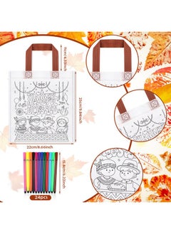 HOWAF HOWAF 12pcs Thanksgiving Holiday Coloring Goodie Bags with Paint Pens for Kids, Give Thanks Coloring Candy Bags Turkey Day Coloring Gift Bags, Thanksgiving Reusable Canvas Bag Party Favors Coloring  - Image 2