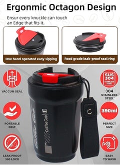 QUTOOB Trendy Coffee Mug For Office, Driving, Picnic, Home and Outdoor - 400ml Insulated Stainless Steel Travel Tumbler For Hot and Cold Drinks, Premium Quality Coffee Cup With Lid and Carrying Strap  - Image 2