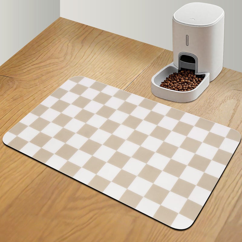 CooRug Checkered Dog Food Mat, Absorbent Leak-Proof Pet Feeding Mat, Quick Dry Cat Food Mat for Messy Drinkers 16" x 24" Khaki - Image 1