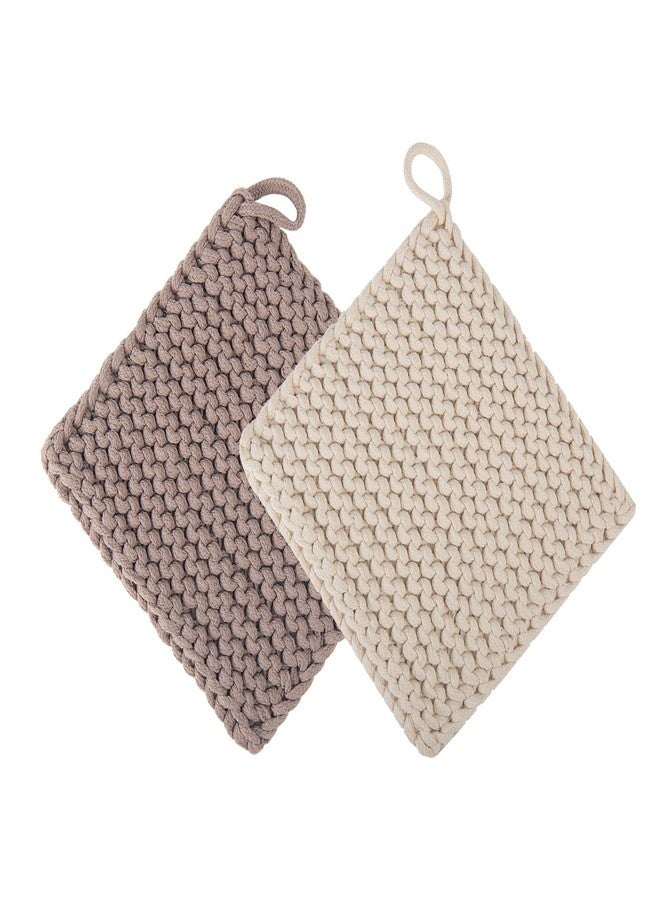 Eiyye Thick Crocheted Pot Holders, Handmade Hot Pads Crocheted Trivets for Kitchen hot Dishes(2-Pack), 8"x8" (White and Taupe) - Image 1