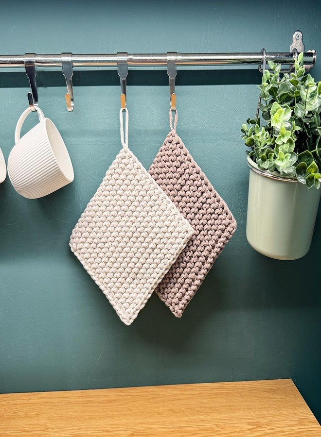 Eiyye Thick Crocheted Pot Holders, Handmade Hot Pads Crocheted Trivets for Kitchen hot Dishes(2-Pack), 8"x8" (White and Taupe) - Image 4