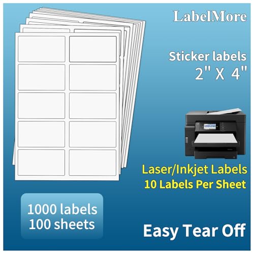 LabelMore 1000 2" x 4" Shipping Address Labels, Inkjet & Laser Compatible, Permanent Adhesive, 100 Sheets (10 Labels Each) - Image 1