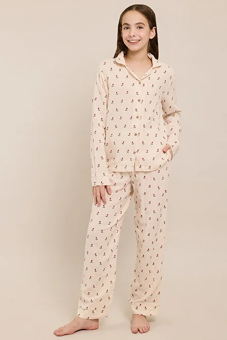 أر أند بي Printed Lapel Collar Pyjama Set