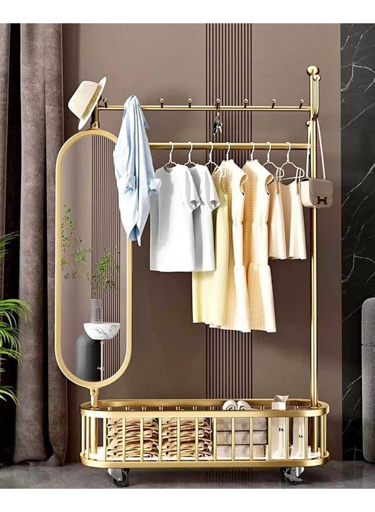 DubaiGallery 3 In 1 Luxury Floor Standing Rotatable Clothes Hanger with Full Length Dressing Mirror, Storage Hooks and Basket, Universal Wheels, Gold Finish 80cm - Image 1