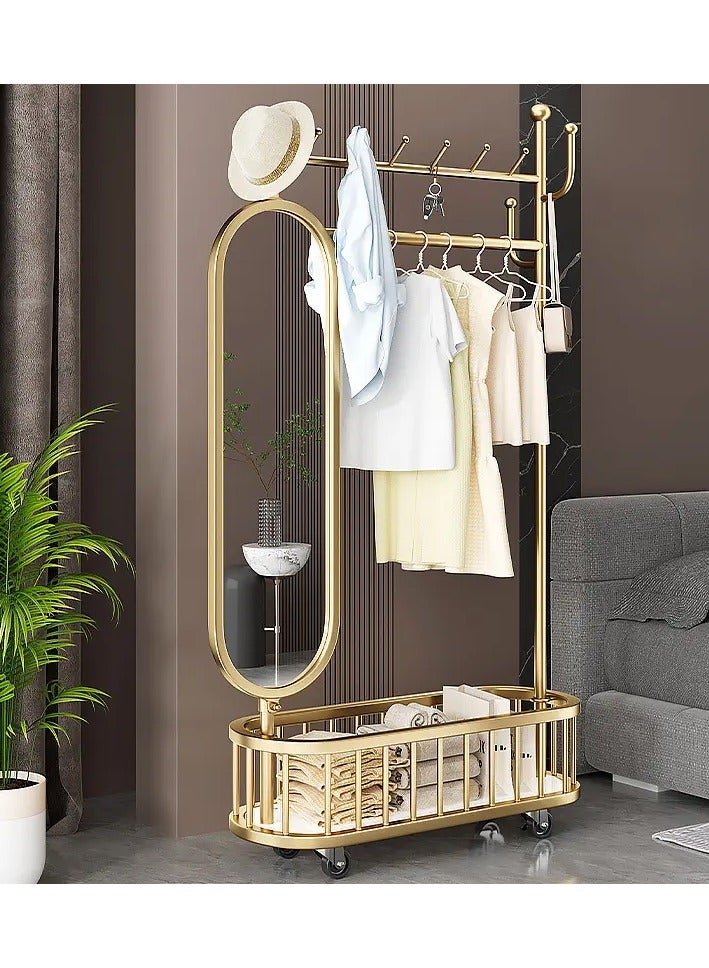 DubaiGallery 3 In 1 Luxury Floor Standing Rotatable Clothes Hanger with Full Length Dressing Mirror, Storage Hooks and Basket, Universal Wheels, Gold Finish 80cm - Image 2