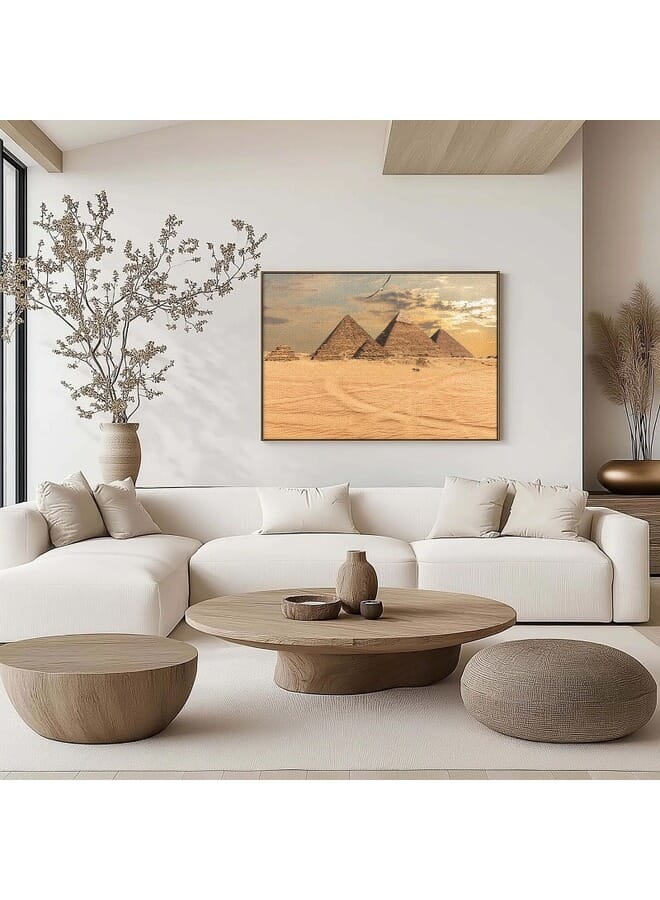 هوم جاليري لوحة فنية جدارية مؤطرة لغروب الشمس مع الأهرامات في الجيزة بمصر.  - Image 3