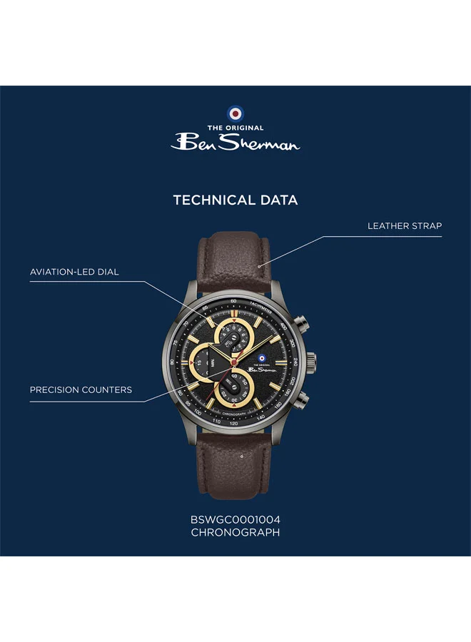 Ben Sherman Black Brighton Black Dial Brown Genuine Leather Strap Chronograph Watch for Men, 43.5mm for Men | Best Price UAE