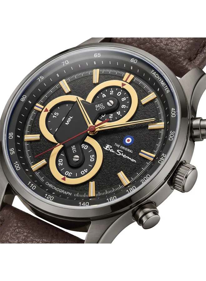 بين شيرمان Brighton Black Dial Brown Genuine Leather Strap Chronograph Watch for Men, 43.5mm