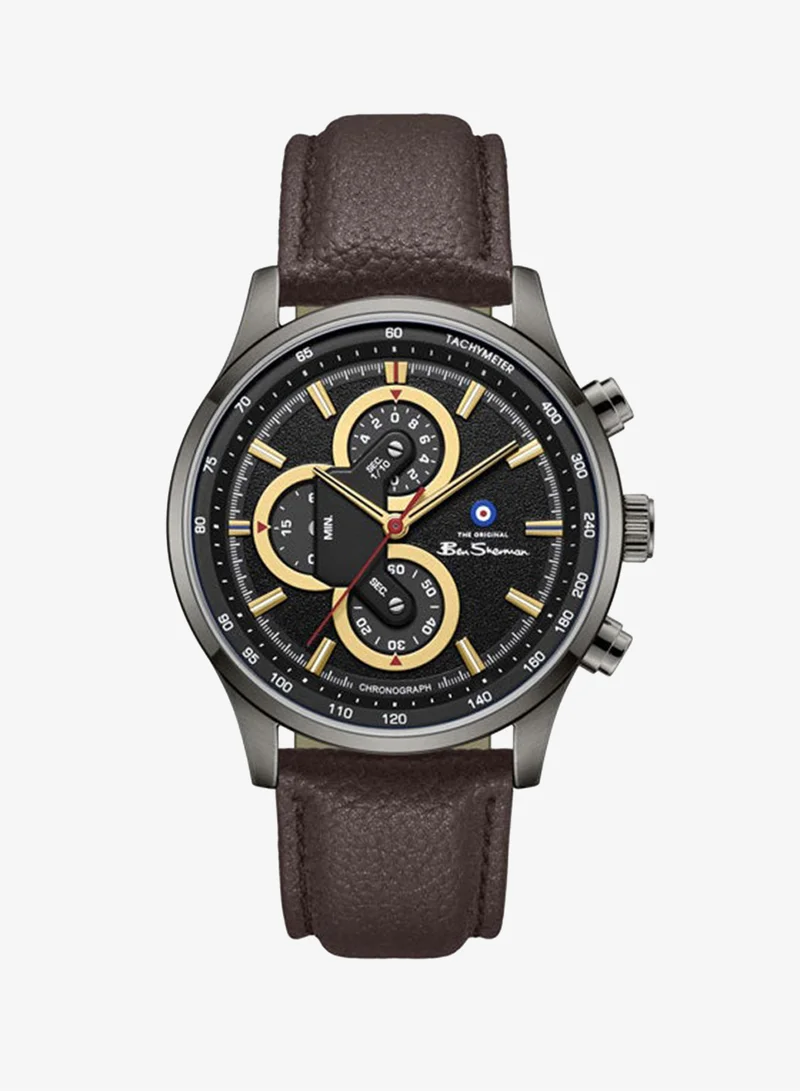 Ben Sherman Brighton Black Dial Brown Genuine Leather Strap Chronograph Watch for Men, 43.5mm