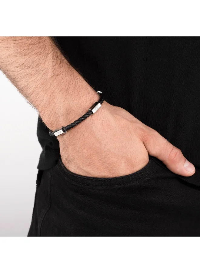 POLICE Skive Black Leather and Silver Stainless Steel Bracelet for Men