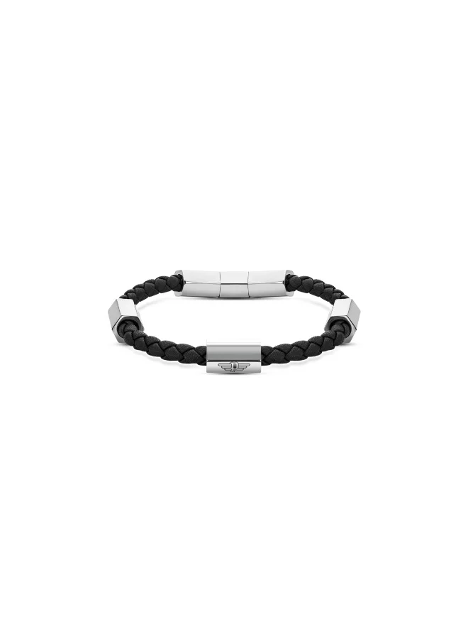 POLICE Skive Black Leather and Silver Stainless Steel Bracelet for Men