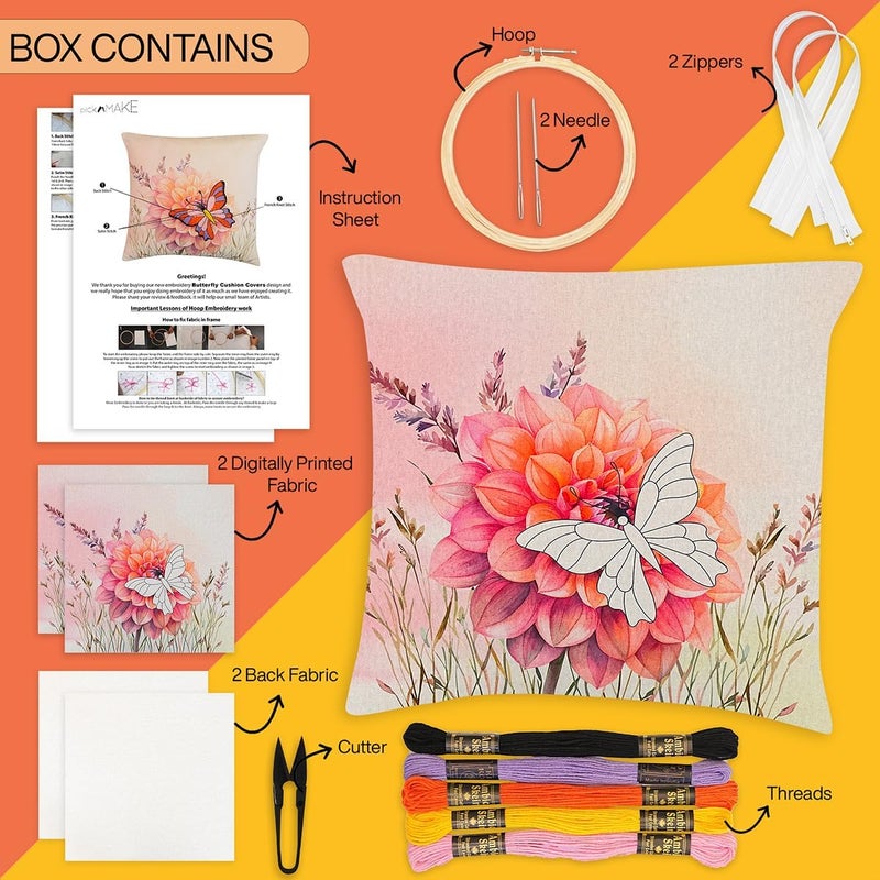 picknMAKE Butterfly Bliss DIY Craft Cushion/Pillow Cover with Beginners for Set Kit Embroidery Hand Cover Cushion DIY 2 of Pack |16 "X16|Digitally Printed Embroidery Patterns|All Materials Included - Image 2