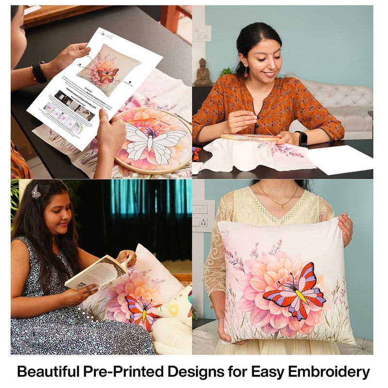 picknMAKE Butterfly Bliss DIY Craft Cushion/Pillow Cover with Beginners for Set Kit Embroidery Hand Cover Cushion DIY 2 of Pack |16 "X16|Digitally Printed Embroidery Patterns|All Materials Included - Image 3