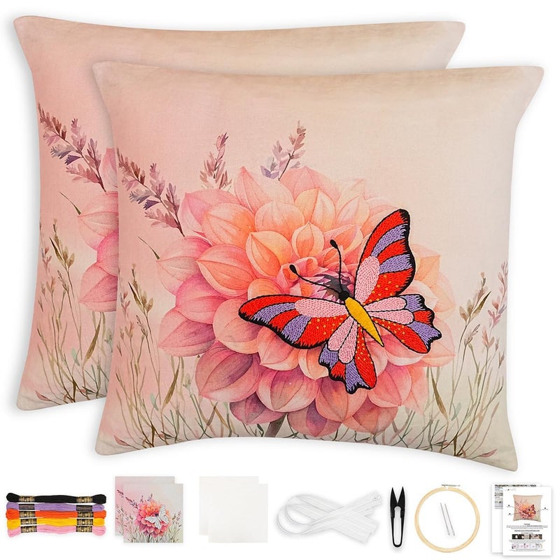 picknMAKE Butterfly Bliss DIY Craft Cushion/Pillow Cover with Beginners for Set Kit Embroidery Hand Cover Cushion DIY 2 of Pack |16 "X16|Digitally Printed Embroidery Patterns|All Materials Included - Image 1