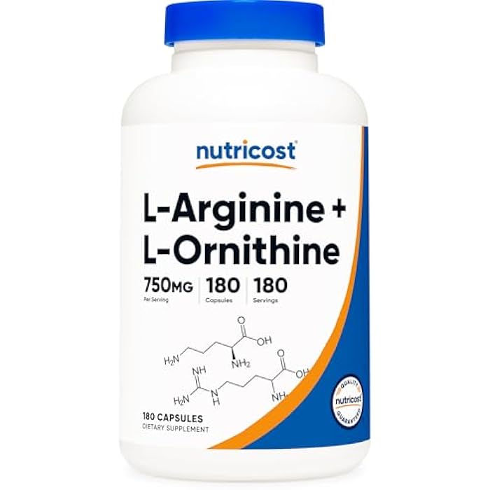 Nutricost L-Arginine L-Ornithine 750mg; 180 Capsules - Image 1