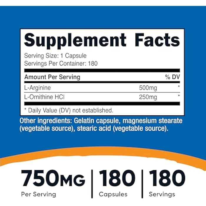 Nutricost L-Arginine L-Ornithine 750mg; 180 Capsules - Image 2