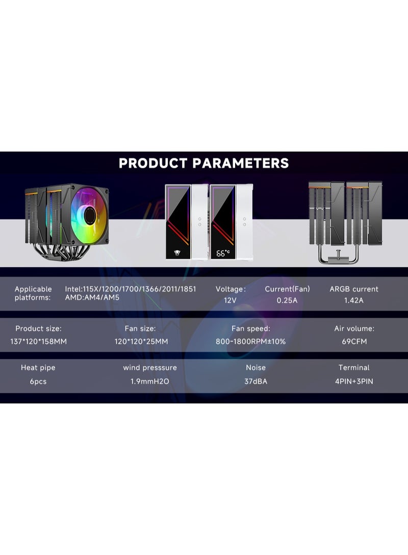 Jungle Leopard KF620 DGT ARGB CPU Air Cooler, Dual 120mm PWM Silent Fans, Digital Temperature Display, 6 Heat Pipes, for Intel LGA 115X/1200/1700/1851 and AMD AM4/AM5 (White) - Image 2