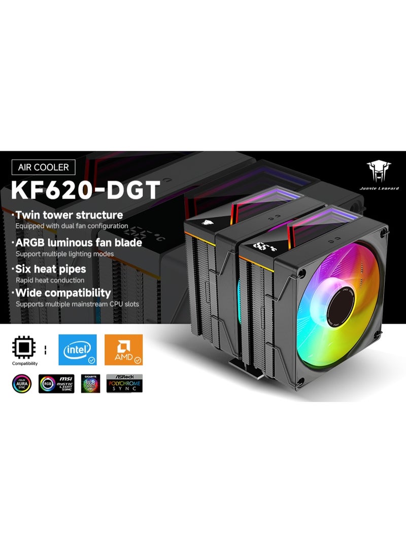Jungle Leopard KF620 DGT ARGB CPU Air Cooler, Dual 120mm PWM Silent Fans, Digital Temperature Display, 6 Heat Pipes, for Intel LGA 115X/1200/1700/1851 and AMD AM4/AM5 (White) - Image 3