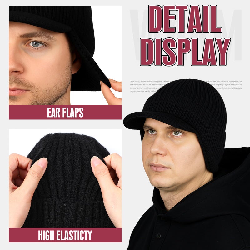 Simlakey 2 Pcs Winter Hats with Brim and Ear Flap Fleece Winter Beanie Hat Outdoor Warm Lined Knit Hat for Men Women (Black, Wine Red) - Image 4