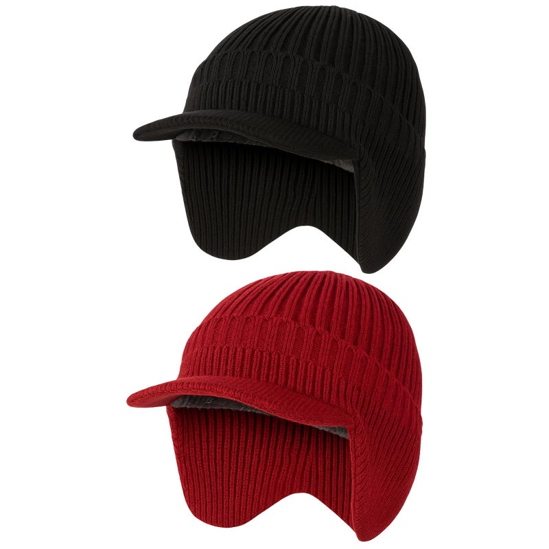 Simlakey 2 Pcs Winter Hats with Brim and Ear Flap Fleece Winter Beanie Hat Outdoor Warm Lined Knit Hat for Men Women (Black, Wine Red) - Image 1