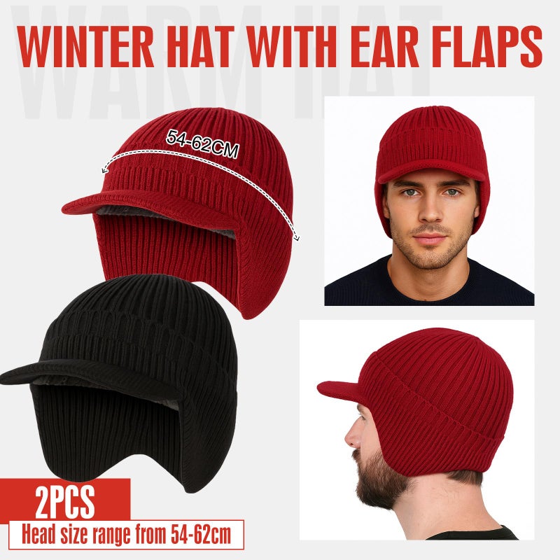 Simlakey 2 Pcs Winter Hats with Brim and Ear Flap Fleece Winter Beanie Hat Outdoor Warm Lined Knit Hat for Men Women (Black, Wine Red) - Image 2