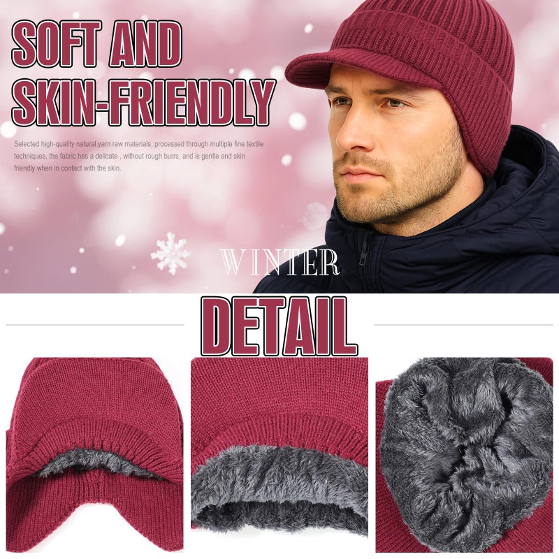 Simlakey 2 Pcs Winter Hats with Brim and Ear Flap Fleece Winter Beanie Hat Outdoor Warm Lined Knit Hat for Men Women (Black, Wine Red) - Image 3