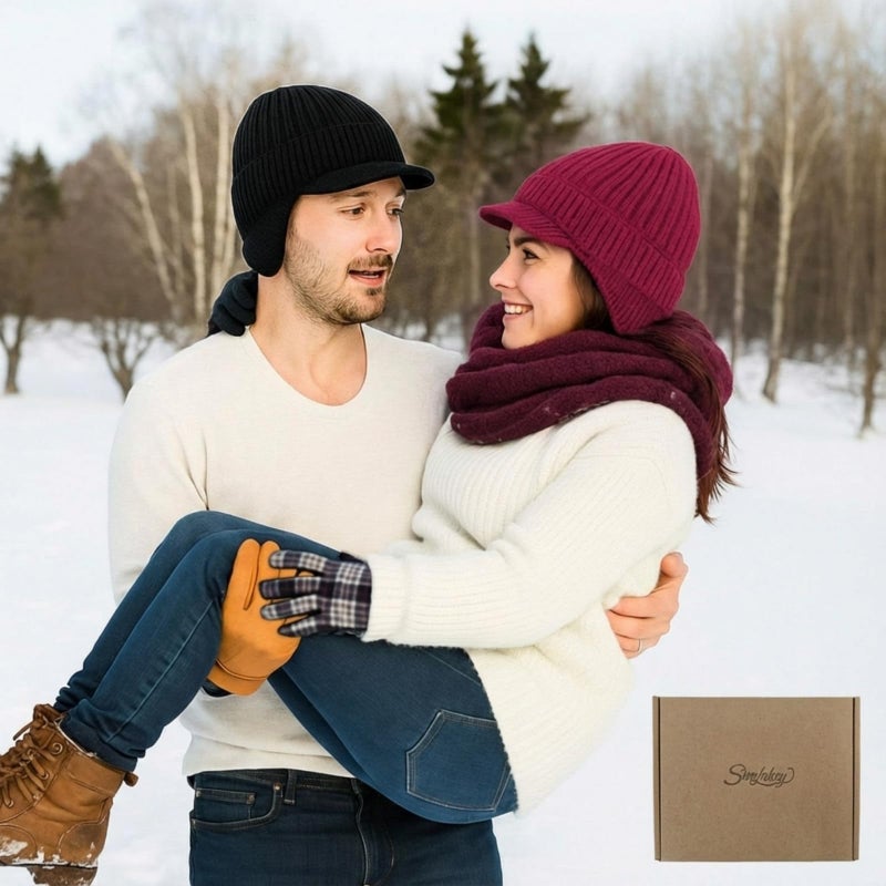 Simlakey 2 Pcs Winter Hats with Brim and Ear Flap Fleece Winter Beanie Hat Outdoor Warm Lined Knit Hat for Men Women (Black, Wine Red) - Image 5
