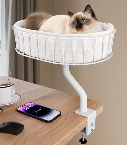 BALORAY Cat Desk Bed Sturdy Cat Bed for Desk Support 45lbsIndoor Desktop Cats Beds for Tables Game Office Desks Attachment17x13 Removable Cotton Cats NestHeavyDuty Metal Frame and Clamp White - Image 1