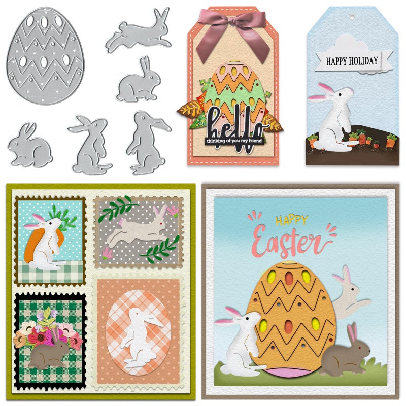 ABTOLS Metal Easter Five Cute Bunny Rabbits Cutting Dies One Egg Die Cuts Embossing Stencils Template Mould for Card Scrapbooking and DIY Craft Album Paper Card Decor