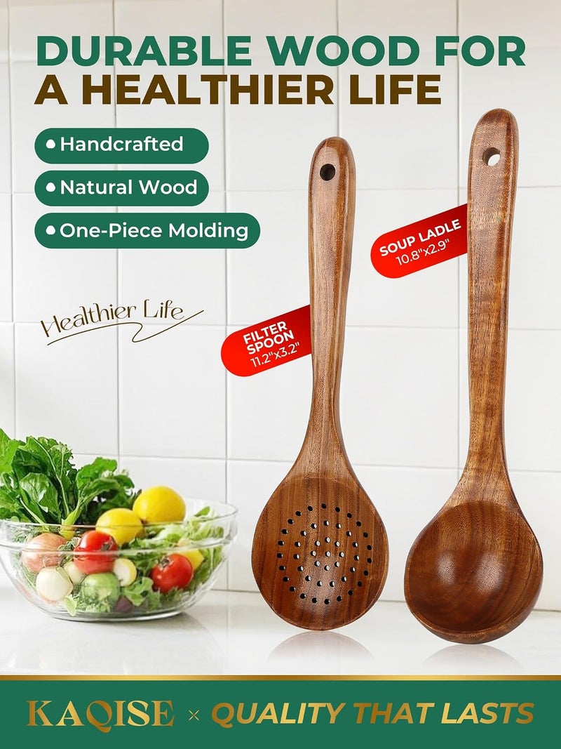 KAQISE Wooden Spoons for Cooking, 2 Pcs Nonstick Wooden Utensil Set, Cooking Utensil Set, Teak Wood Ladle & Skimmer Set for Kitchen Cooking - Image 2