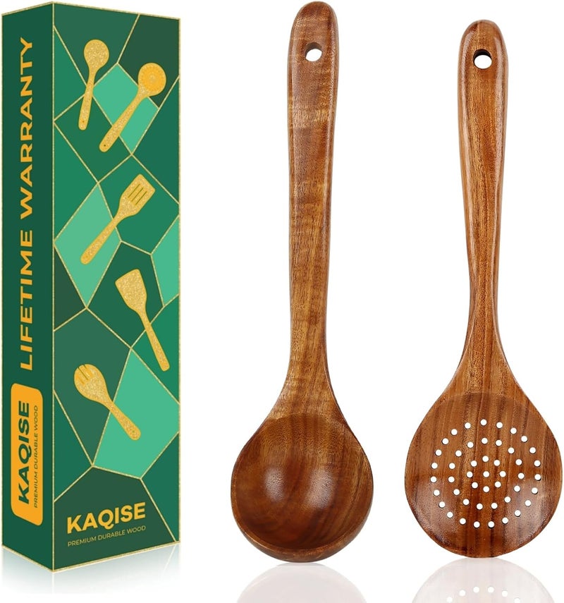 KAQISE Wooden Spoons for Cooking, 2 Pcs Nonstick Wooden Utensil Set, Cooking Utensil Set, Teak Wood Ladle & Skimmer Set for Kitchen Cooking - Image 1