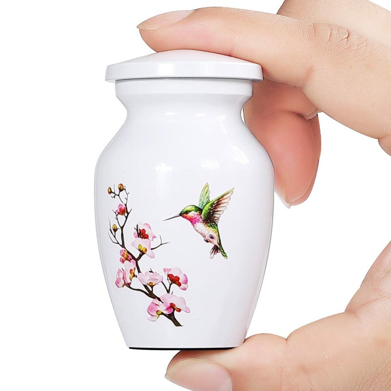 ICOKEE Hummingbird Small Urn for Human Ashes or Pet Ashes Aluminum Cremation Mini Urn for Ashes White Memorial Keepsake Urn Qty 1 with Velvet Bag