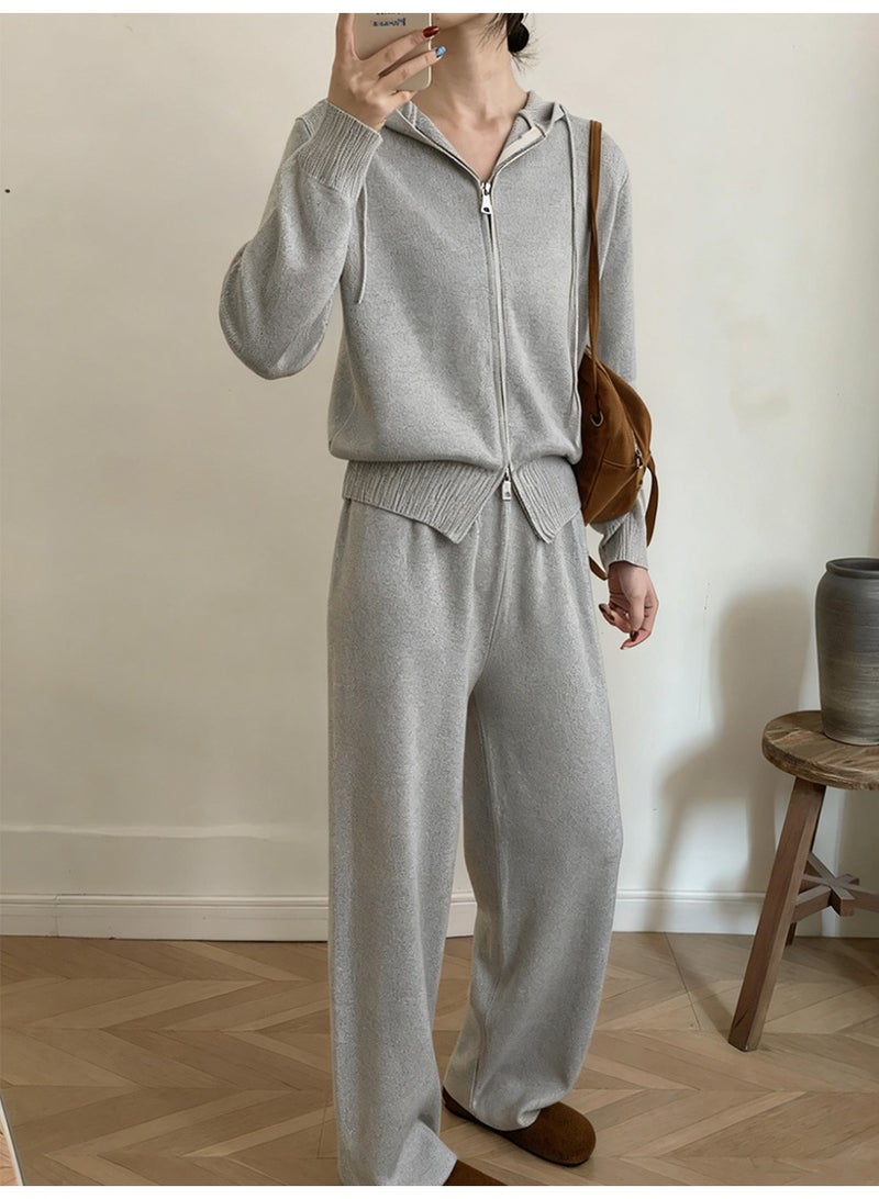 NIBEMINENT Autumn Winter Knitted Two Piece Set Female Long Sleeve Zipper Sweater Cardigan Casual Trousers Knit Outfits Lady - Image 1