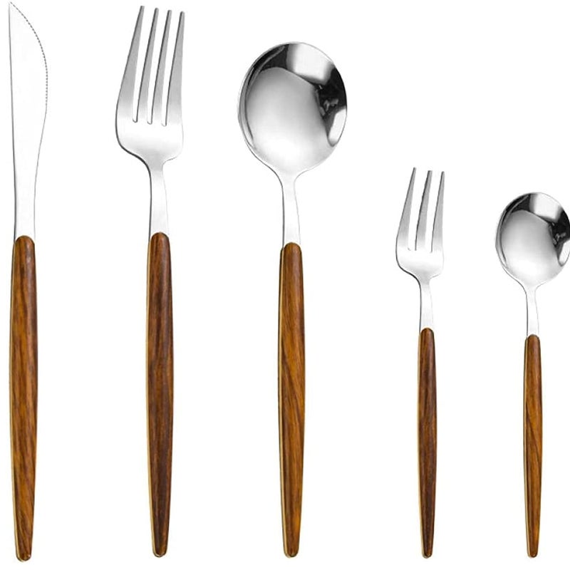DANSR DANSR Wooden Silver Flatware Royal 5 Piece Matte Wooden Handle 1810 Stainless Steel Tableware Sets for 1 Including Forks Spoons Knives Camping Silverware Travel Utensils Set Cutlery Wooden Silver  - Image 1