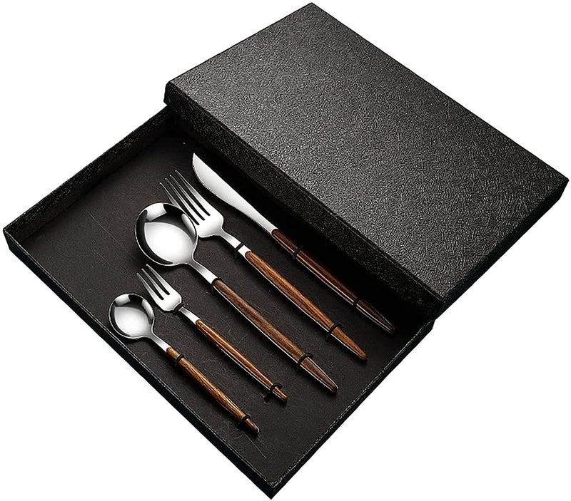 DANSR DANSR Wooden Silver Flatware Royal 5 Piece Matte Wooden Handle 1810 Stainless Steel Tableware Sets for 1 Including Forks Spoons Knives Camping Silverware Travel Utensils Set Cutlery Wooden Silver  - Image 3