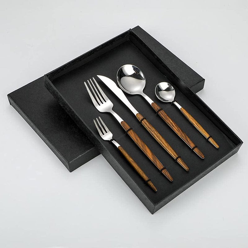 DANSR DANSR Wooden Silver Flatware Royal 5 Piece Matte Wooden Handle 1810 Stainless Steel Tableware Sets for 1 Including Forks Spoons Knives Camping Silverware Travel Utensils Set Cutlery Wooden Silver  - Image 4