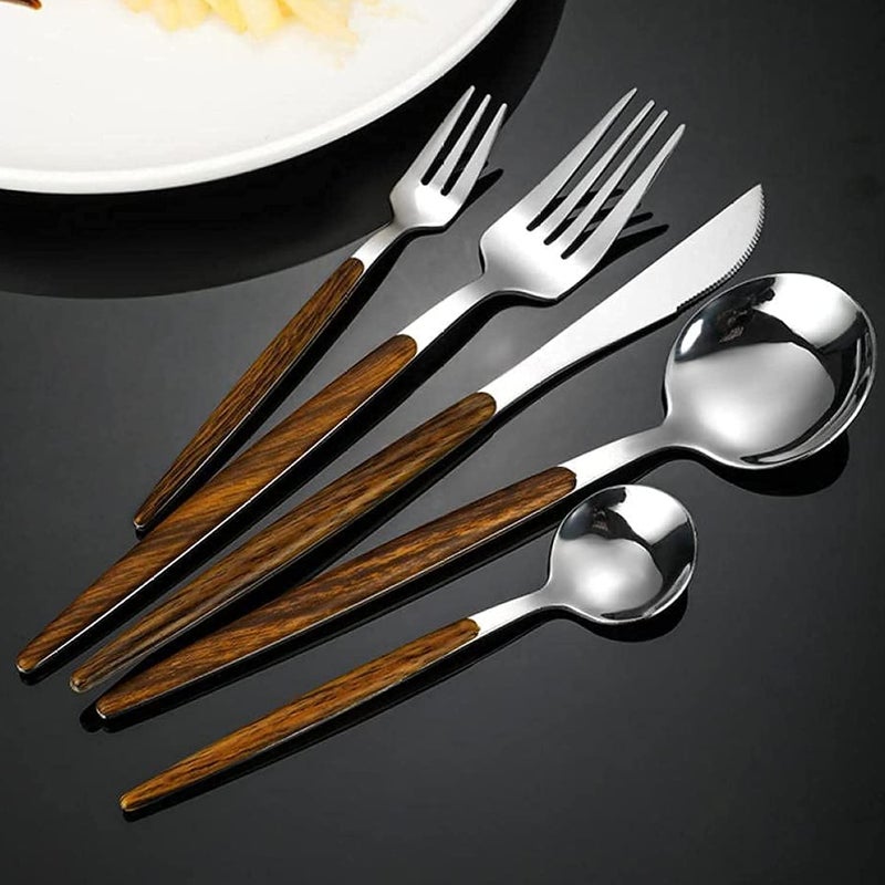 DANSR DANSR Wooden Silver Flatware Royal 5 Piece Matte Wooden Handle 1810 Stainless Steel Tableware Sets for 1 Including Forks Spoons Knives Camping Silverware Travel Utensils Set Cutlery Wooden Silver  - Image 2