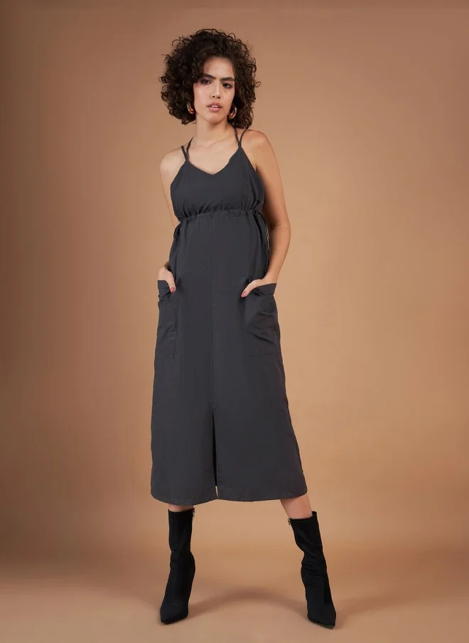 SASSAFRAS Grey A-Line Midi Dress for Women