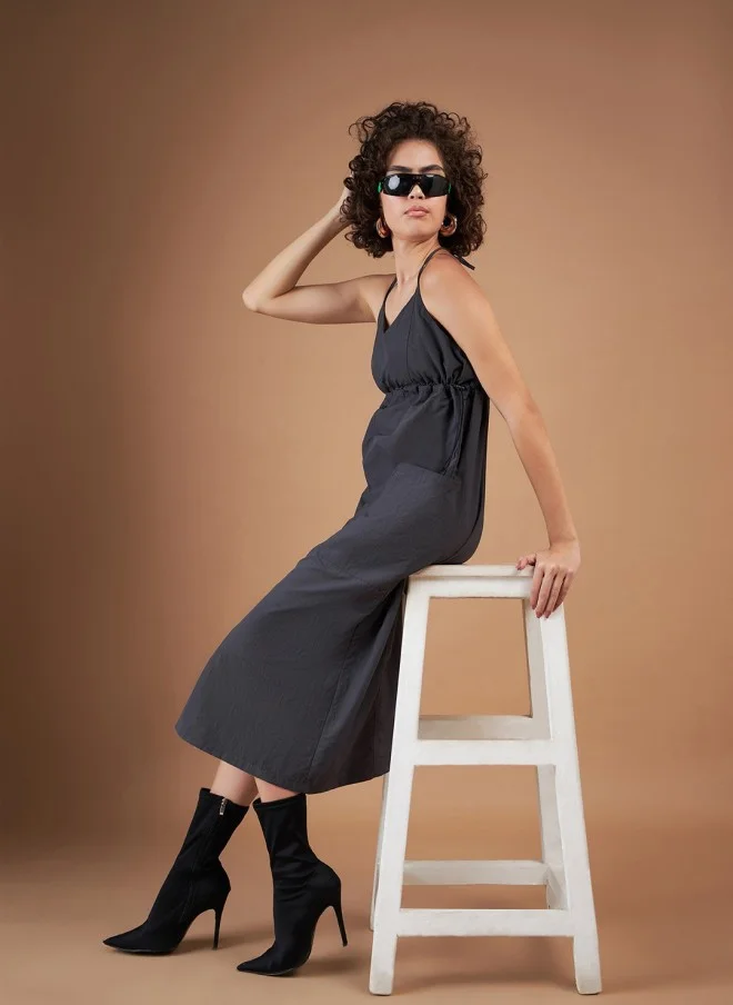 SASSAFRAS Grey A-Line Midi Dress for Women