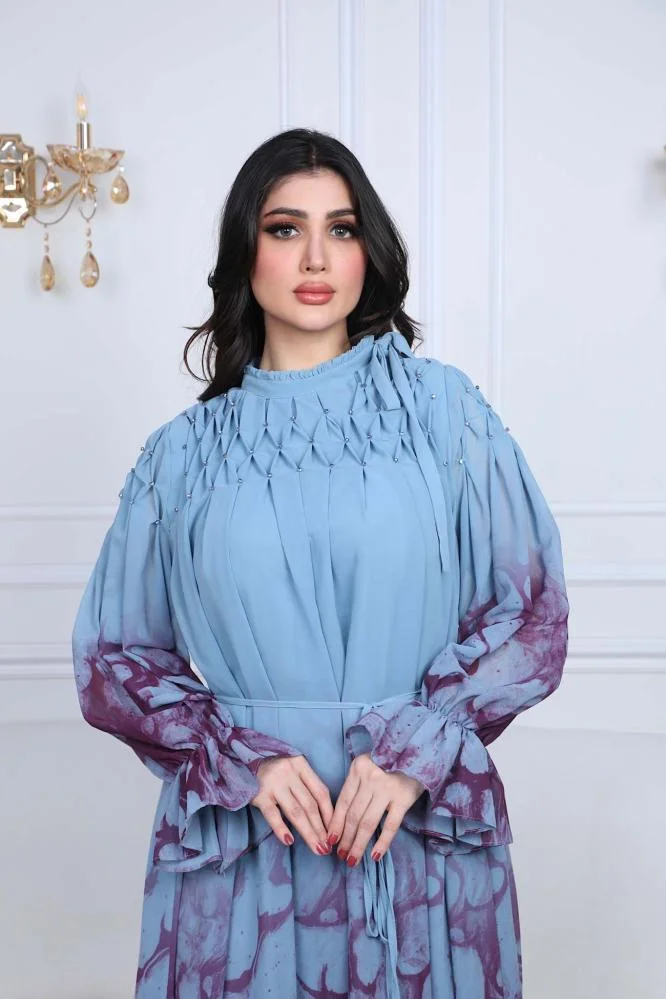Opera Fashion Sky Blue Floral Soft Dress with Waist Tie and Wide Sleeves