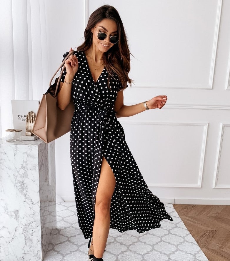 wish hot spot spot Europe and the United States summer short-sleeved V-neck polka dot print dress at a low price black S - Image 1