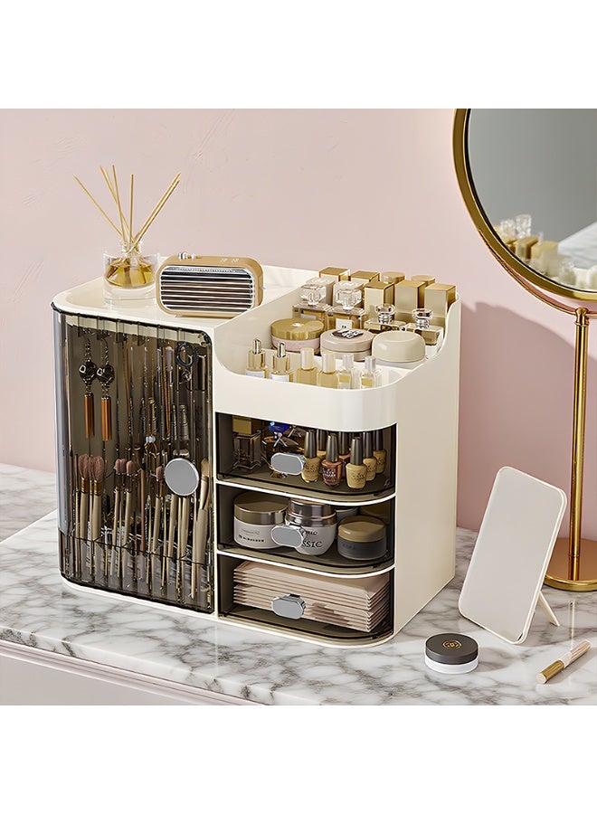 Noon East Makeup Organizer Portable Dustproof And Waterproof Cosmetic Storage Drawers Box For Women, 30 x 20 x 24 cm, Cream/Transparent Black - Image 2