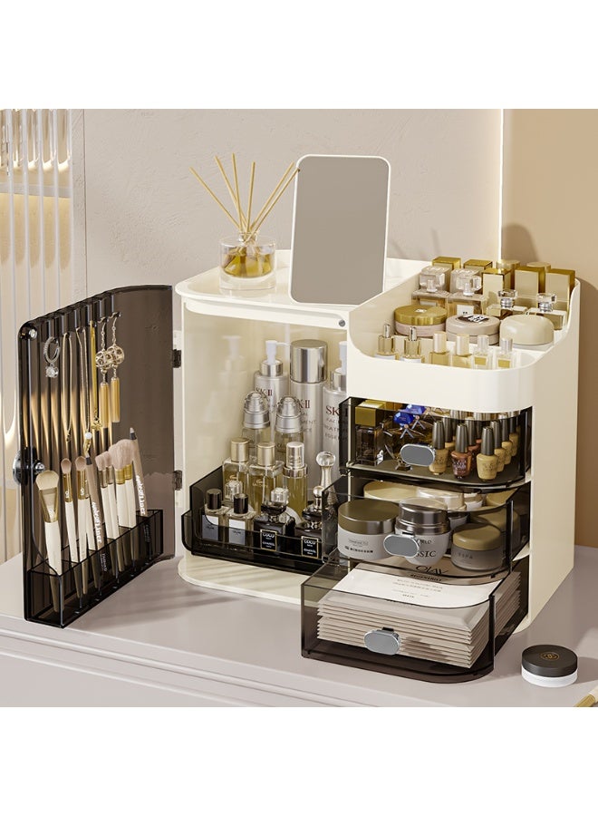 Noon East Makeup Organizer Portable Dustproof And Waterproof Cosmetic Storage Drawers Box For Women, 30 x 20 x 24 cm, Cream/Transparent Black - Image 1