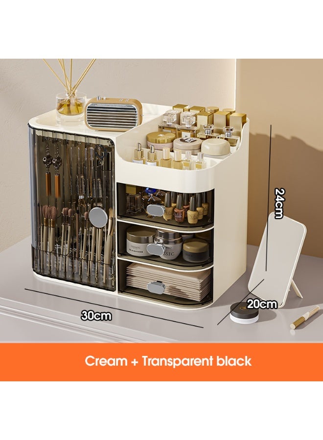 Noon East Makeup Organizer Portable Dustproof And Waterproof Cosmetic Storage Drawers Box For Women, 30 x 20 x 24 cm, Cream/Transparent Black - Image 3